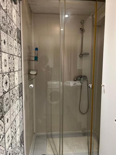 eine Dusche mit Glastür neben einem Waschbecken in der Unterkunft Gîte Pierre et Meuse in Fumay