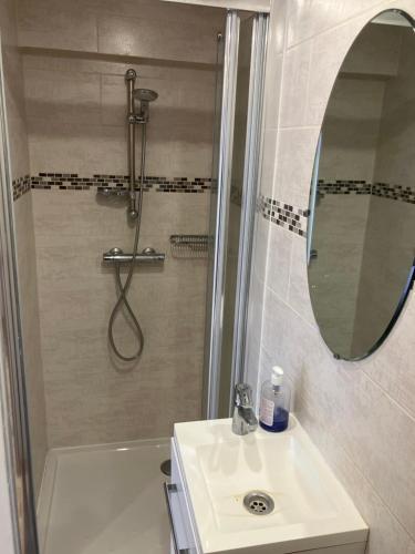 une salle de bain avec une douche, un lavabo et un miroir dans l'établissement Studio proche paris et Disney, à Vaires-sur-Marne