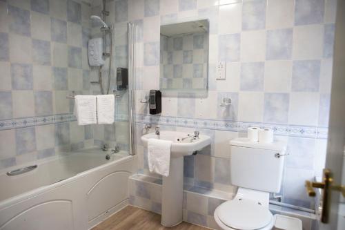 Ye Old Boote Inn في Whittington: حمام مع مرحاض ومغسلة وحوض استحمام