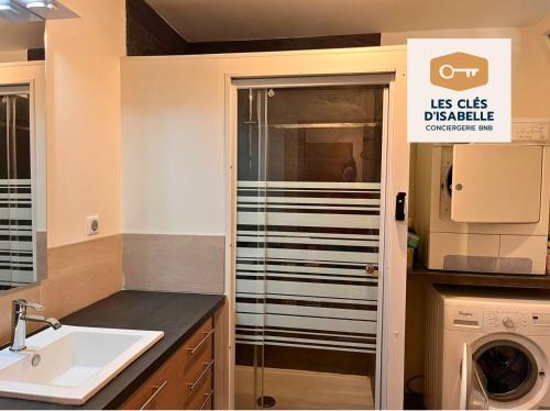eine Küche mit einer Spüle und einer Waschmaschine in der Unterkunft Appartement climatisé avec sa terrasse de 25 M2 in Limoges