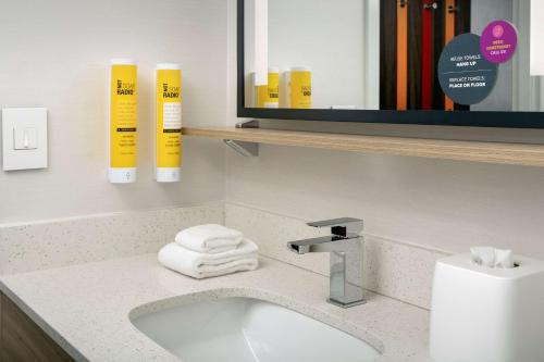 a bathroom with a sink and a mirror and towels at Tru By Hilton El Paso Northeast in Homestead Meadows South