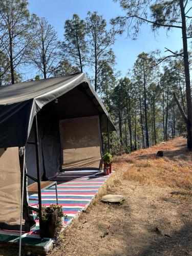 a tent with a striped rug in a field at Glampinn Woods in Nainital