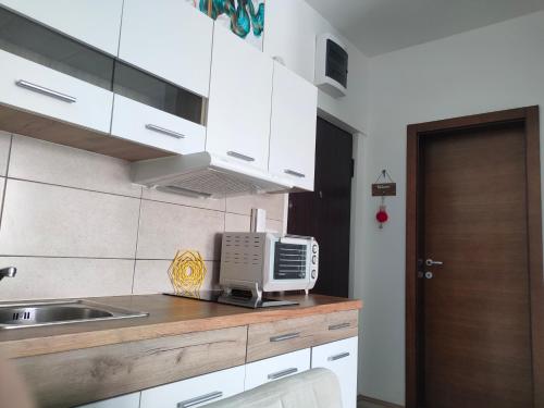 a kitchen with a sink and a microwave on a counter at Apartment Tropical - Aqua Park Jagodina in Jagodina