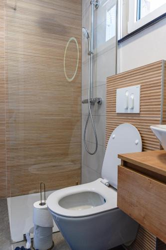 a bathroom with a shower with a toilet and a sink at ARIA DELUXE Mobile Homes with Terme Čatež Tickets in Čatež ob Savi