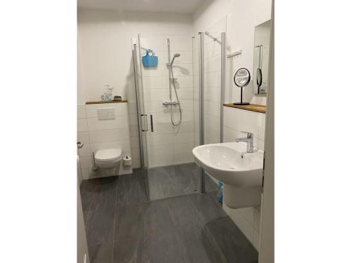 a bathroom with a shower and a sink and a toilet at Holiday apartment Beach54´Damp in Damp