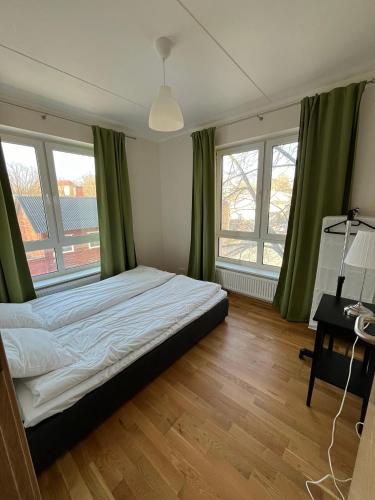 a bedroom with a bed with green curtains and a desk at Raatuse 85 Deluxe Apartments in Tartu
