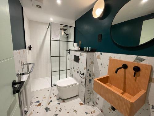 a bathroom with a toilet and a mirror at Hackney 1 Bed Garden Flat in London