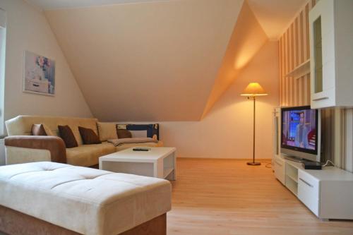 ein Wohnzimmer mit einem Sofa und einem TV in der Unterkunft Ferienwohnung Wiesenblick in Kerkwitz