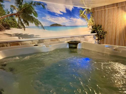 d'une baignoire avec vue sur l'océan. dans l'établissement Tolles Ferienhaus für 16 Personen im Westerwald mit Sauna, Whirlpool, Kino und Bar, à Schutzbach