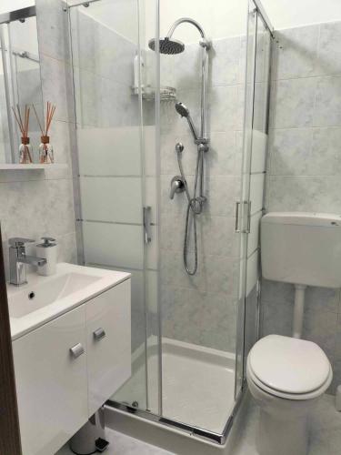 a bathroom with a shower with a toilet and a sink at SIM residence in Maniago