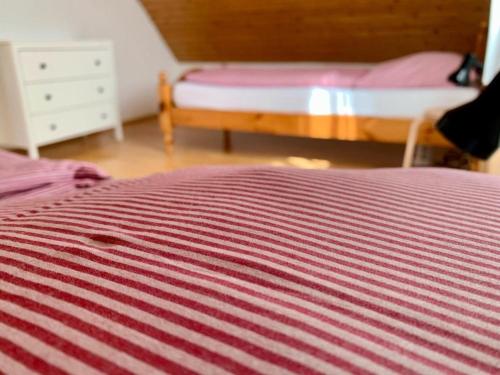 1 Schlafzimmer mit 2 Betten und gestreifter Tagesdecke in der Unterkunft Haus Alkmene in Bodman-Ludwigshafen