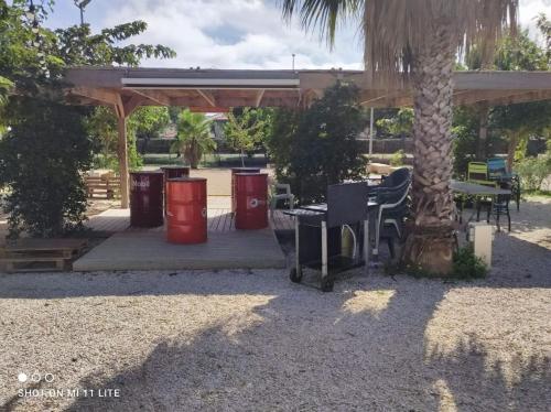 un abri de pique-nique avec une table et des chaises sous un palmier dans l'établissement Mobilhome 3 chambres 6 personnes près de la plage - Novela - Frédéric et Sandra, à Port-la-Nouvelle