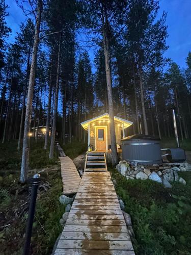 a tiny house in the woods at night at Kenttäpirtti in Kittilä