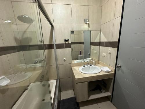 利馬的住宿－米拉弗洛雷斯公寓，一间带水槽和淋浴的浴室