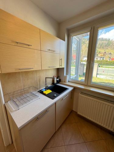 a small kitchen with a sink and a window at Myśliwska 23 - Cały dom na wyłączność in Szczyrk
