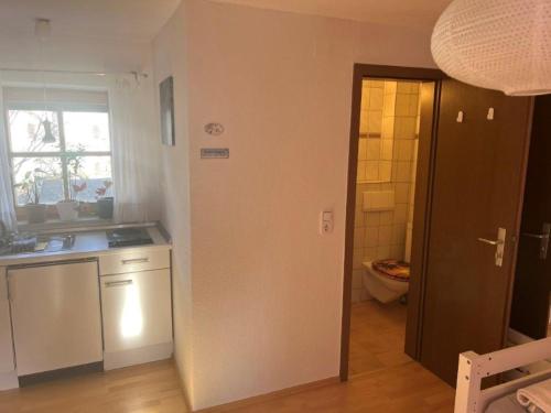 - une cuisine avec un lavabo, des toilettes et une porte dans l'établissement Ferienwohnung Geigl, à Bad Reichenhall