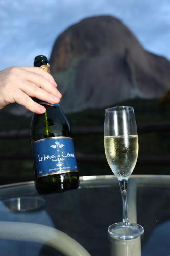 a person holding a bottle of wine next to a glass at Aldeia Flor de Liz - Pedra Azul in Pedra Azul