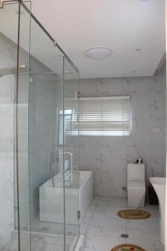 a bathroom with a shower and a toilet and a sink at Banner Vacation Home & Swimming Pool in Prampram