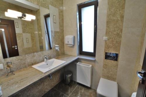 a bathroom with a sink and a toilet and a mirror at Willa Olympia in Unieście