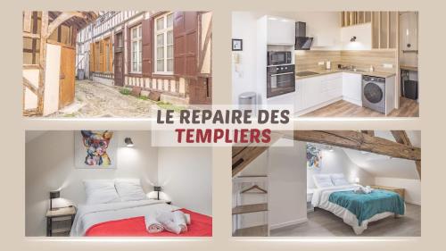 un collage de photos d'une cuisine et d'une chambre dans l'établissement Le Repaire des Templiers - 6 pers. - Cour Calme, à Troyes