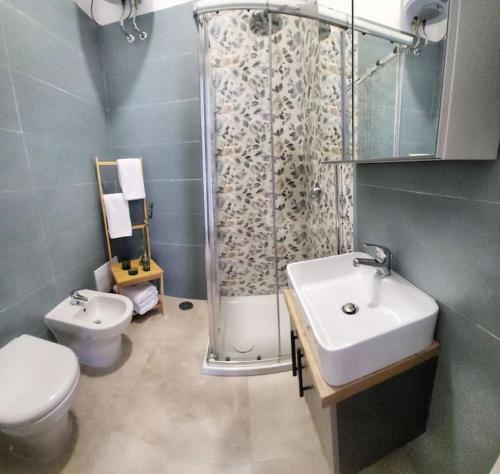 een badkamer met een douche, een wastafel en een toilet bij Monolocale Real Valle Blue in Scafati