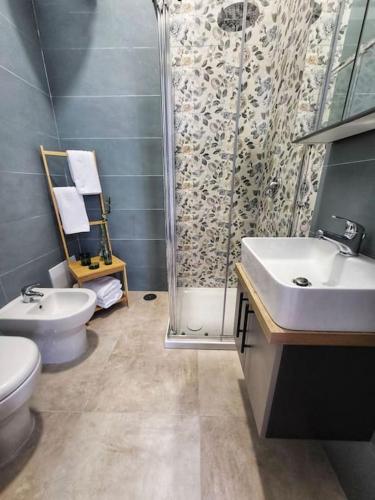 een badkamer met een douche, een toilet en een wastafel bij Monolocale Real Valle Blue in Scafati