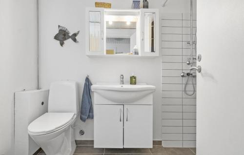 La salle de bains blanche est pourvue de toilettes et d'un lavabo. dans l'établissement 3 Bedroom Amazing Home In Fllenslev, à Føllenslev