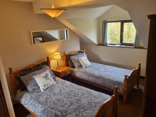 een slaapkamer met 2 bedden en een raam bij Sycamore Cottage in Conwy