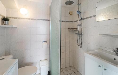 y baño con ducha, aseo y lavamanos. en Awesome Home In Vlagtwedde With Indoor Swimming Pool, en Vlagtwedde