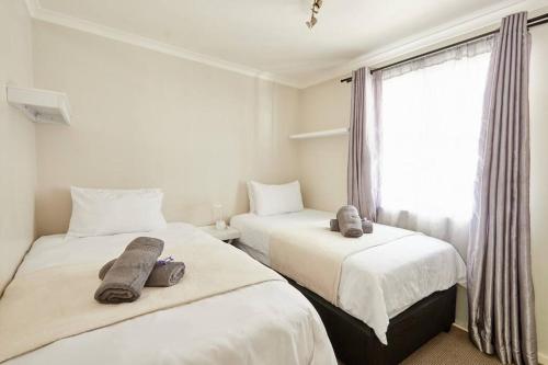 2 camas en una habitación con ventana en The Rondebosch Easy Living, en Ciudad del Cabo