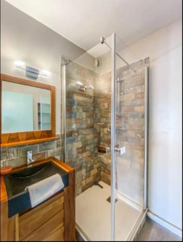 ein Bad mit einer Glasdusche und einem Waschbecken in der Unterkunft Appartement T2 idéalement placé vieux port in La Rochelle