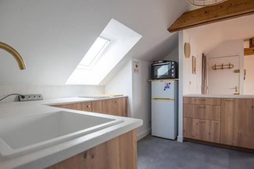 een keuken met een spoelbak en een koelkast bij L'appartement Bohême in Angers