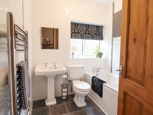 a bathroom with a toilet and a sink and a tub at The Crib in Llandudno