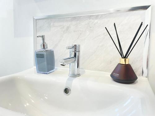 een wastafel in de badkamer met een zeepdispenser en stokken bij Sandringham House Serviced Rooms in Hartlepool