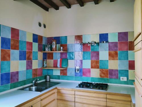 een keuken met een wastafel en kleurrijke tegels op de muur bij Agriturismo Piccolo Paradiso in Riparbella