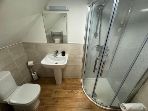 een badkamer met een douche, een toilet en een wastafel bij Rosemount Bothy - Highland Cottage in Garve