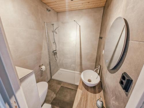 a bathroom with a shower and a toilet and a sink at De Gelukskever in Hindeloopen