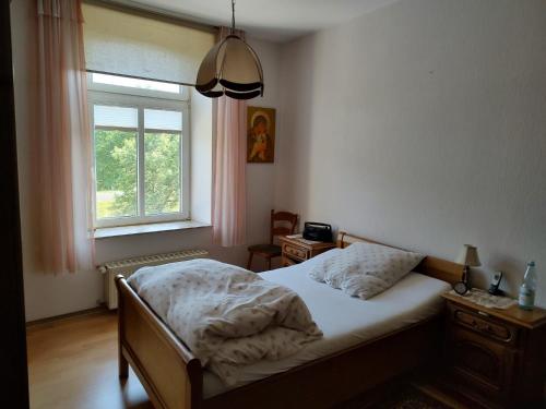 Schlafzimmer mit einem Bett und einem Fenster in der Unterkunft historisches Winzerhaus mit Moselblick in Lieser