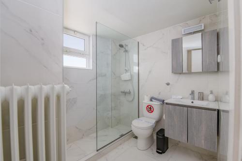 a bathroom with a shower and a toilet and a sink at Marina Zeas Bella Vista in Piraeus