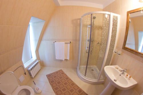 a bathroom with a shower and a toilet and a sink at Vila Royal in Bacău