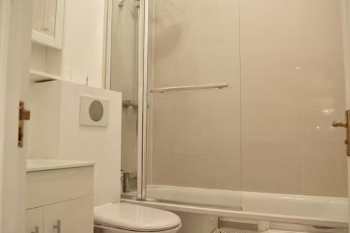 a white bathroom with a shower and a toilet at Spacious luxury central London 1-bed apartment in London