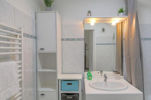une salle de bain avec un lavabo et un miroir dans l'établissement Fonctionnel et Calme avec parking gratuit, à Villeurbanne