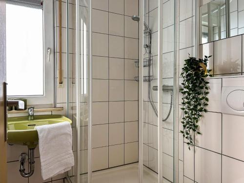 y baño con lavabo verde y ducha. en Vakantiehuis Bergfreiheit en Winterberg