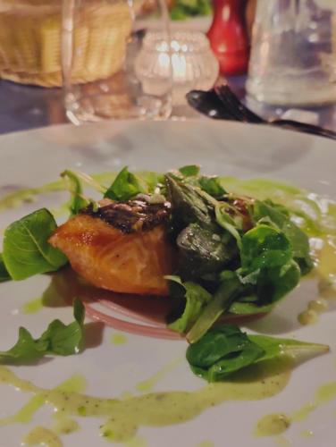 a white plate with a piece of meat and a salad at Dandelion Como Suites & Park in Villa Guardia
