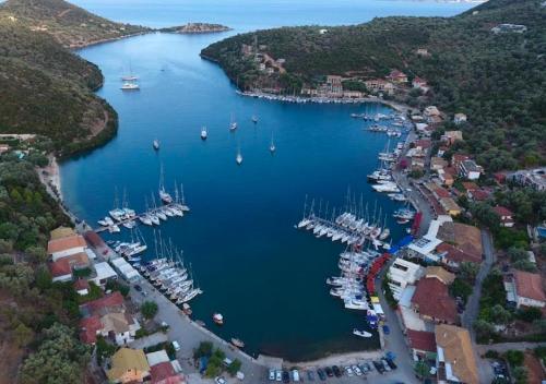 an aerial view of a harbor filled with boats at Vlastaras Apartment in Sivota