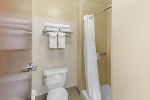 a bathroom with a toilet and a shower with towels at Comfort Suites Columbia Gateway in Elkridge
