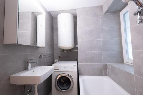 een badkamer met een wasmachine en een wastafel bij 3.5 pièces Altstadt « Junkergasse » in Visp