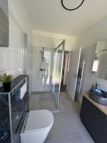 8638 Apartments B/1 في بالاتونليل: حمام مع دش ومرحاض ومغسلة