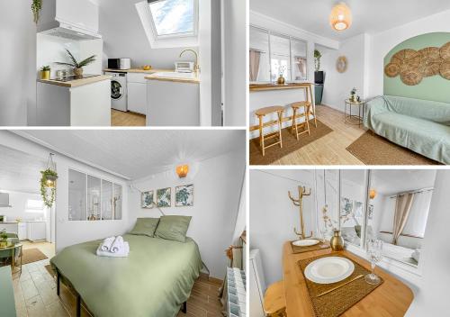 Il comprend une chambre et un salon avec un lit et une cuisine. dans l'établissement Le Bali de Corbeil-Essonnes, à Corbeil-Essonnes