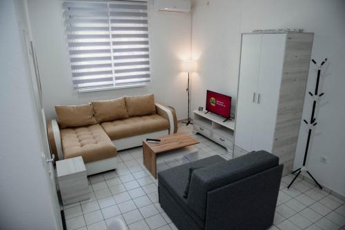 uma sala de estar com um sofá e uma televisão em Studio Petrovac B em Petrovac na Mlavi